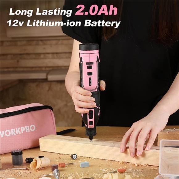 Pink 12V Cordless Rotary Tool Kit, 5 Variable Speeds, Powerful Engraver, Sander - Picture 3 of 6
